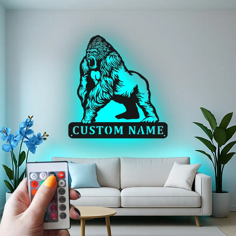 Gorilla LED Metal Wall Art | Custom Name Sign for Home Gym & Man Cave | Personalized Wildlife Decor