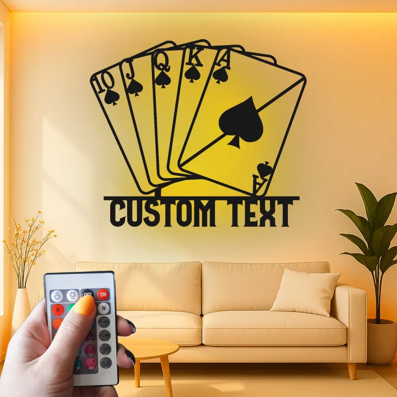 Arte da parete in metallo Royal Flush | Insegna LED personalizzata per sala giochi | Regalo decorativo per serata casino per lui