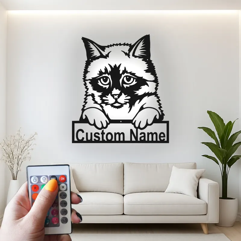 Personalisierte LED-Metall-Wandkunst mit Katze – Geschenk für Tiereltern, Deko fürs Wohnzimmer