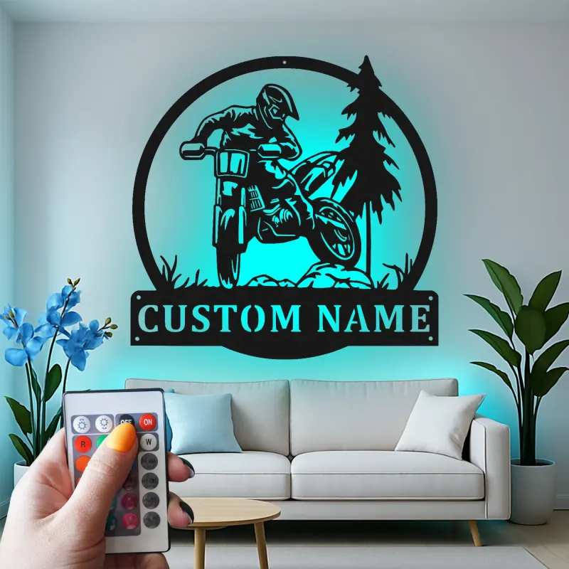Décoration murale en métal personnalisée pour motocross avec rétroéclairage LED - Cadeau pour lui, décoration de garage ou de man cave 1