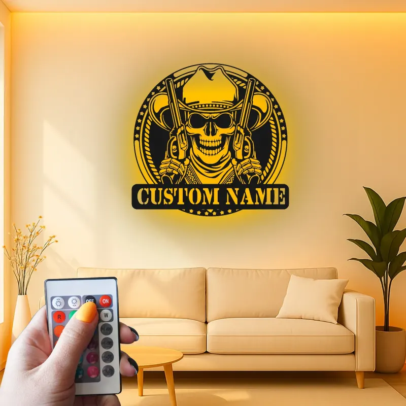 Décoration murale en métal personnalisée Crâne de Cowboy avec rétroéclairage LED - Cadeau personnalisé pour les passionnés de western - Décor de man cave