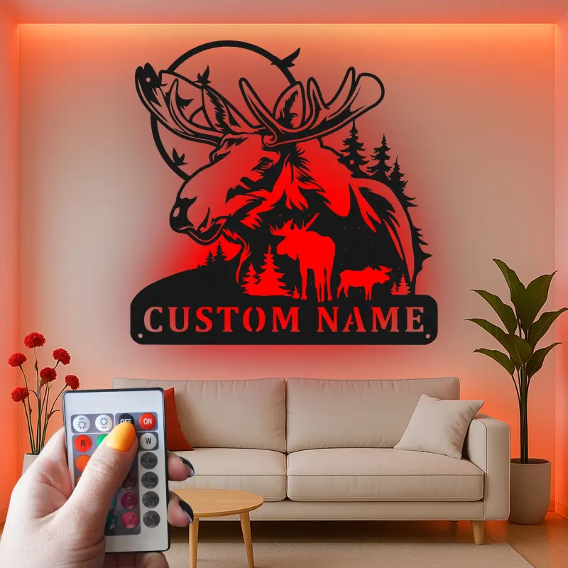 Custom Moose Family LED Metal Sign | Personalized Wildlife Wall Art | Rustic Cabin Decor for Nature Lovers & Hunters