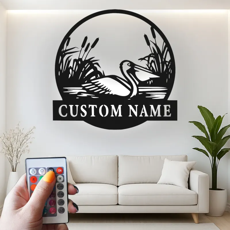 Decoración mural LED de pelícano | Cartel de metal personalizado con nombre para casas costeras | Silueta náutica de ave | Decoración para casa de playa