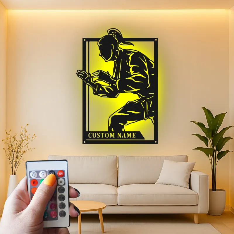Panneau LED personnalisé de combattant de karaté | Décoration murale en métal des arts martiaux personnalisée | Décor de dojo et de gym pour passionnés