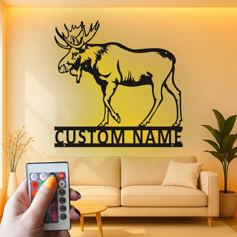 Cartel de metal personalizado de alce | Arte mural LED de vida salvaje | Decoración personalizada para cabañas y lodges para amante de la naturaleza