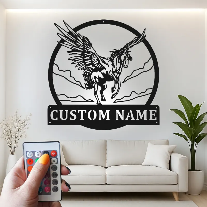 Décoration murale en métal LED Pégase | Enseigne de nom personnalisée pour nursery & chambre | Décor de cheval ailé mythique | Cadeau pour amateur de fantasy