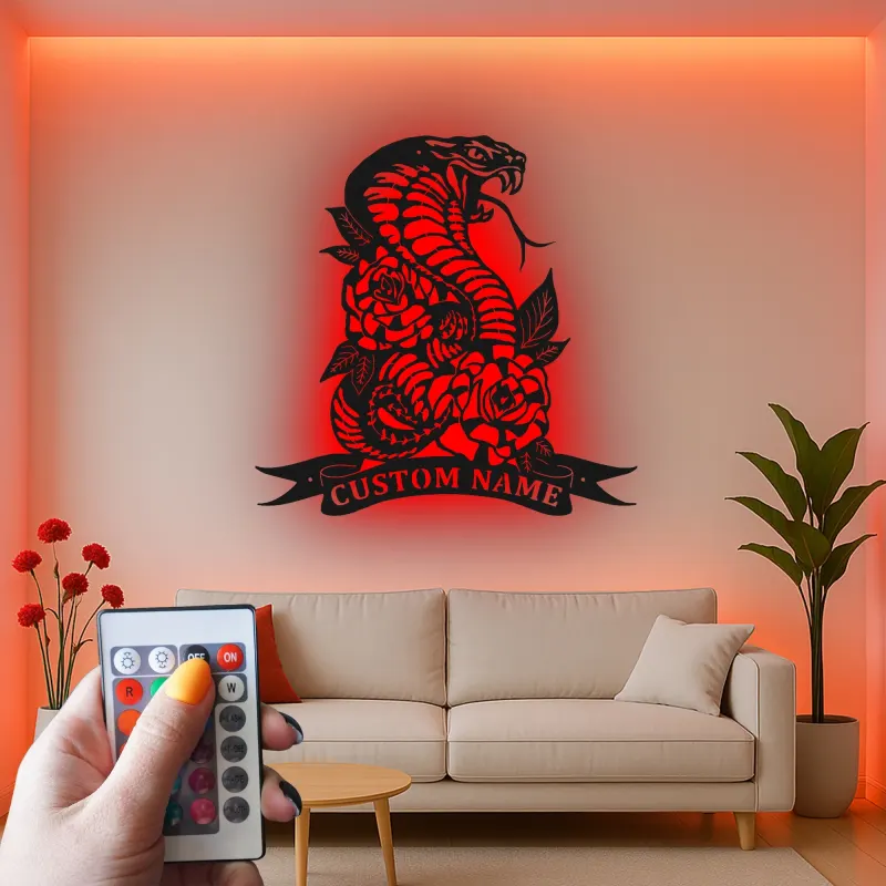 Custom Cobra Metal Sign | LED Snake & Roses Wall Art | Personalized Gothic Decor for Tattoo Studio or Man Cave