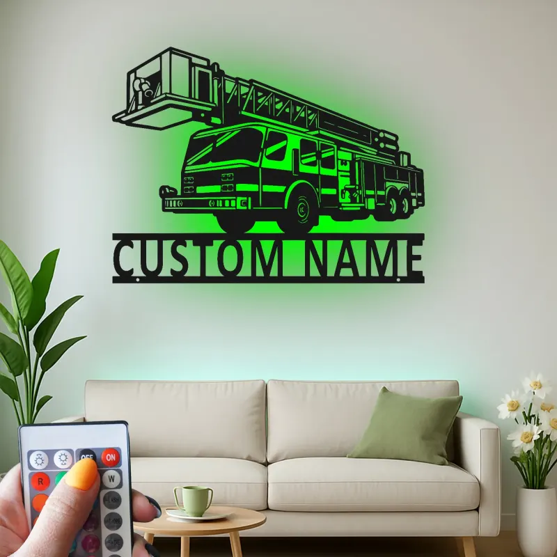 Panneau LED camion de pompiers personnalisé | Décoration murale en métal pour pompier | Décor de caserne | Cadeau pour premier intervenant