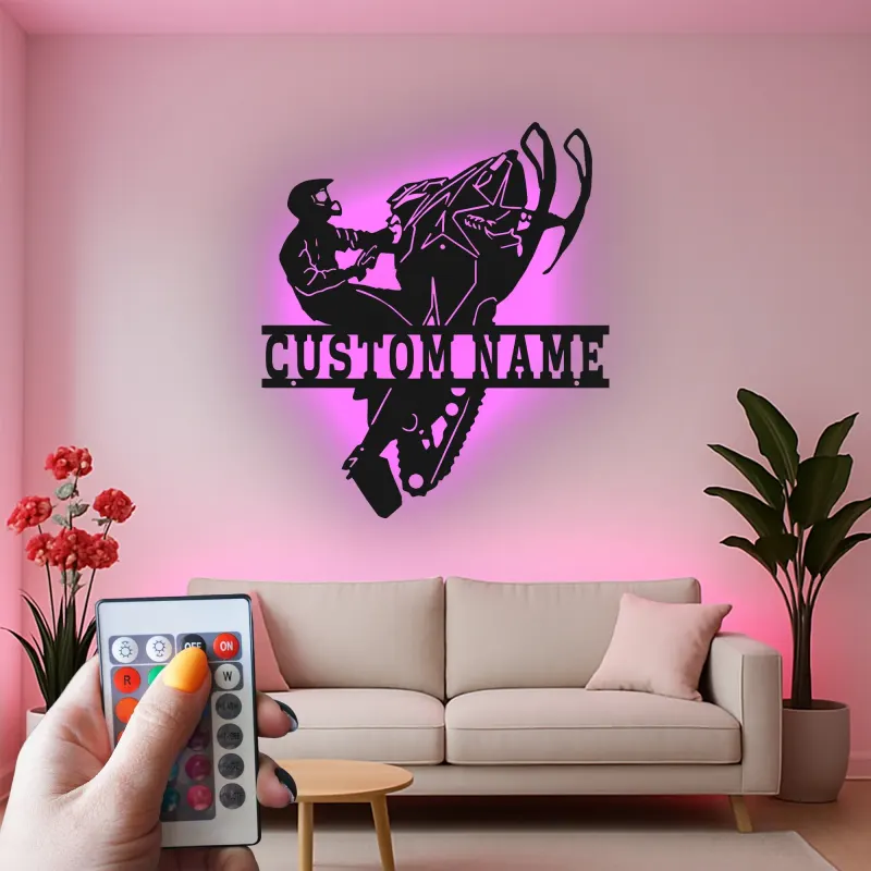 Custom Snowmobile Metal Sign | Personalized LED Wall Art for Man Cave | Extreme Winter Sports Rider Gift