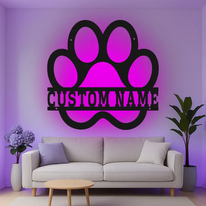 Personalisierte Pfotenabdruck LED-Licht Metall-Wandkunst für Tiereltern