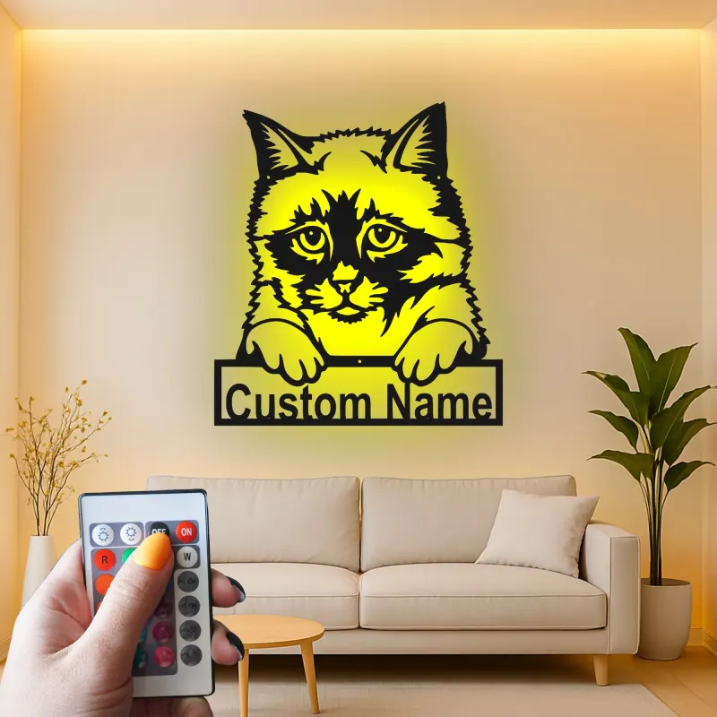 Personalisierte LED-Metall-Wandkunst mit Katze – Geschenk für Tiereltern, Deko fürs Wohnzimmer