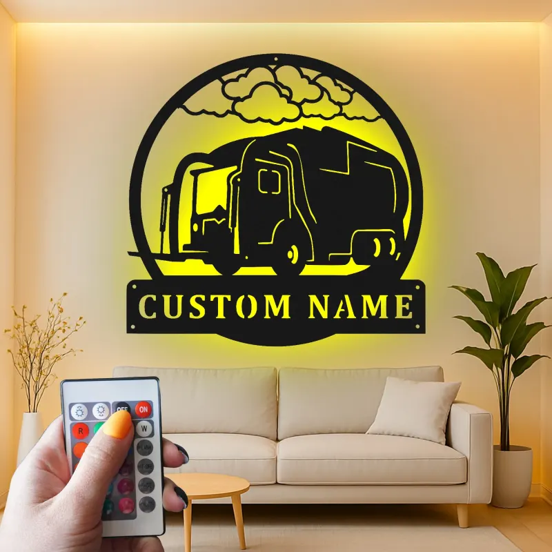 Personalisierte LED-Metall-Wandkunst mit Müllwagen – Einzigartiges Geschenk für Mitarbeitende der Abfallwirtschaft, Garagen- oder Bürodeko