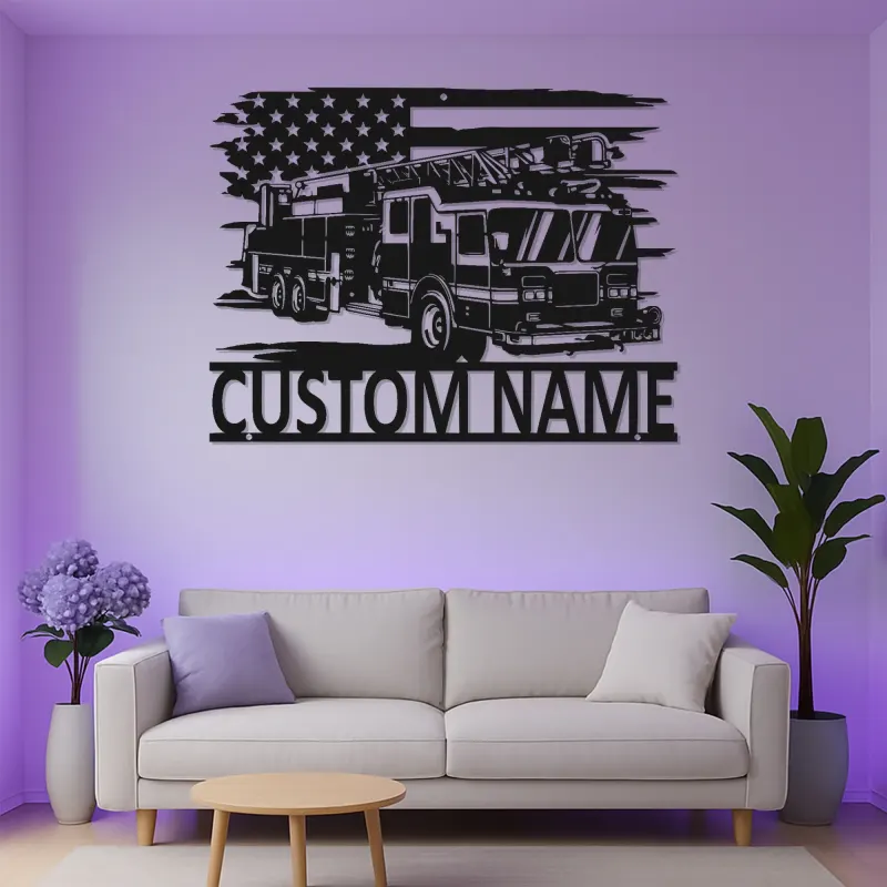 Insegna in metallo per vigili del fuoco personalizzata con LED | Arte murale con camion dei pompieri su misura | Regalo per pompiere per caserma o casa