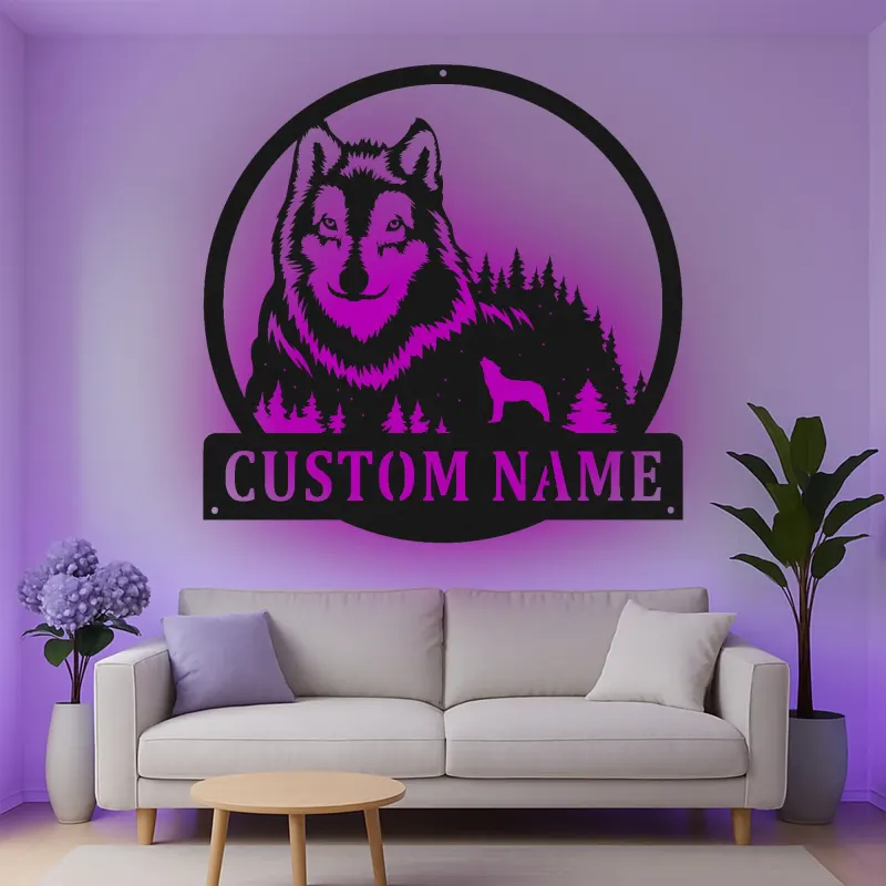 Cartel de metal personalizado con luz LED de bosque de lobos Regalo personalizado para amantes de la naturaleza Decoración rústica de cabaña