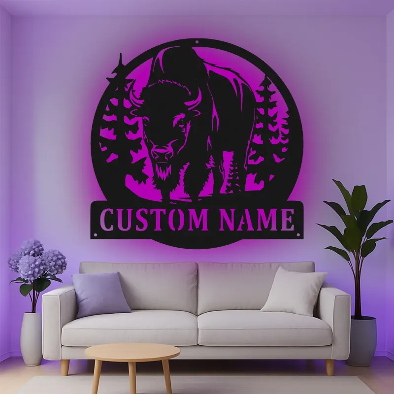 Décoration murale en métal LED personnalisée Bison Cadeau faunique pour les amoureux de la nature Décor de chalet rustique