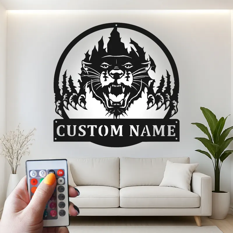 Insegna in metallo LED personalizzata con pantera, regalo per amanti della fauna selvatica, decorazione rustica per cabin