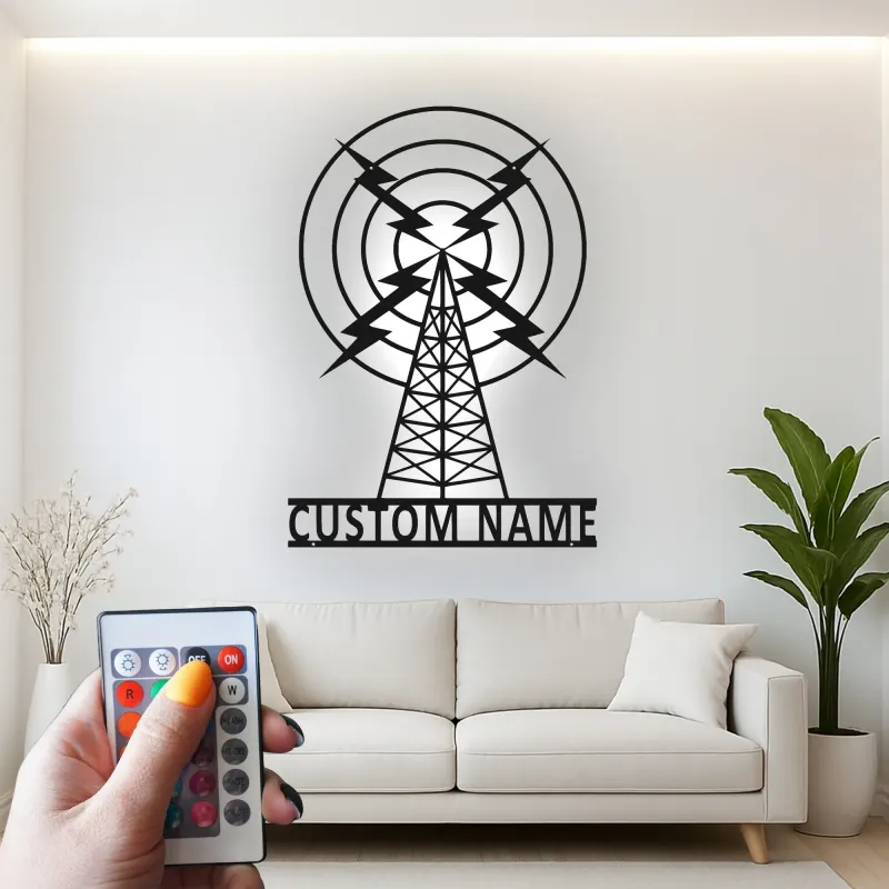 Personalisierte Metall-Schild eines Funkmastes | LED Vintage Broadcasting Kunst | Individuelles Geschenk für Funkamateur | Retro Studio Wanddekoration