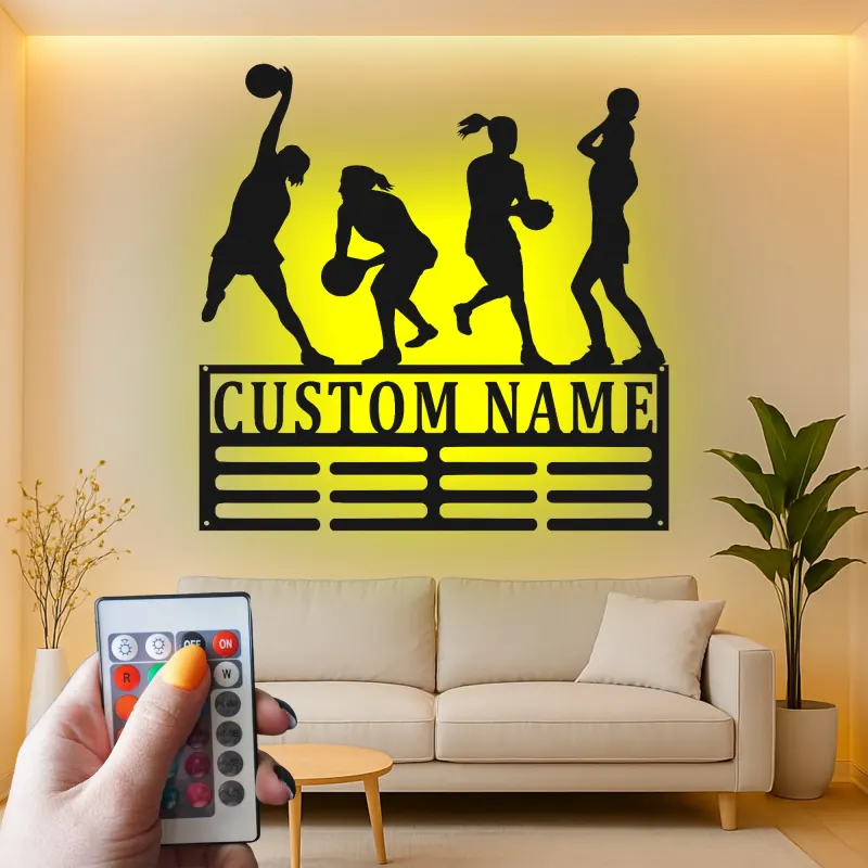 Custom Female Basketball Player Led Light Metal Wall Art Personalized Gift for Athletes Sports Room Decor