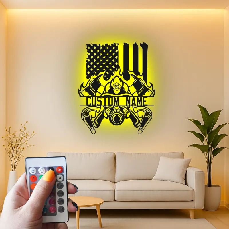 Panneau LED Personnalisé pour Pompier | Décoration Murale en Métal Personnalisée | Cadeau Patriote avec Drapeau Américain pour Pompier | Décor de Caserne de Pompiers