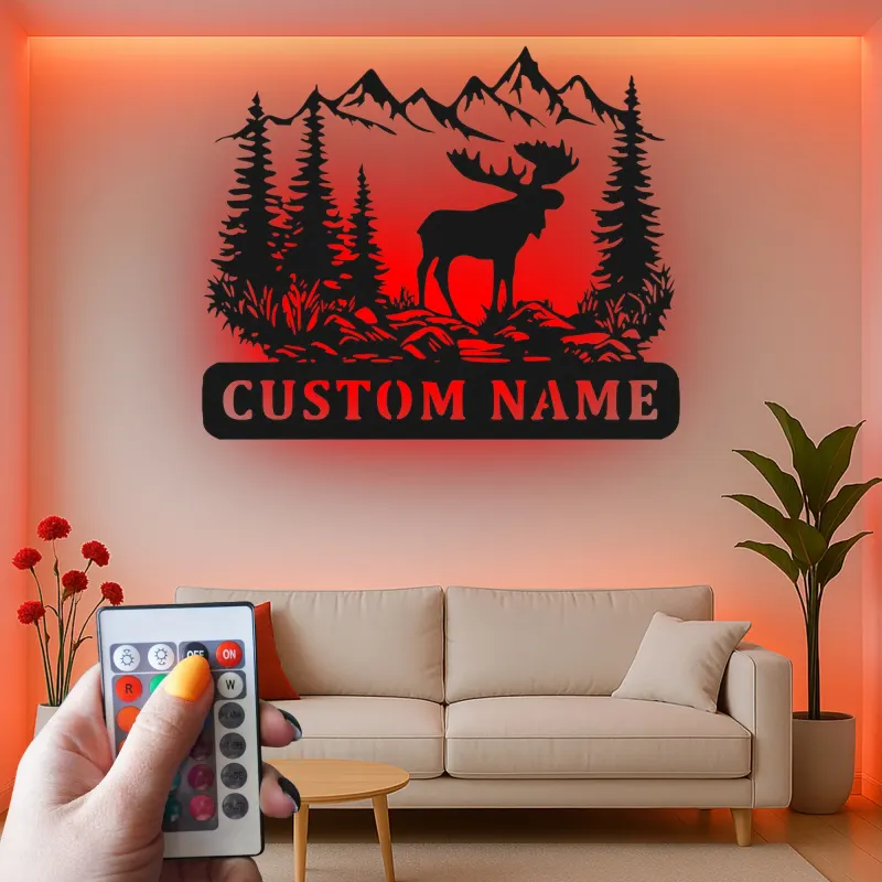 Custom Moose Mountain Scene Led Light Metal Wall Art Personalized Nature Gift for Outdoorsman Cabin Decor