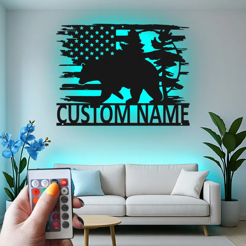 Custom Bear and American Flag Led Light Metal Wall Art Personalized Gift for Nature Lovers Rustic Cabin Decor