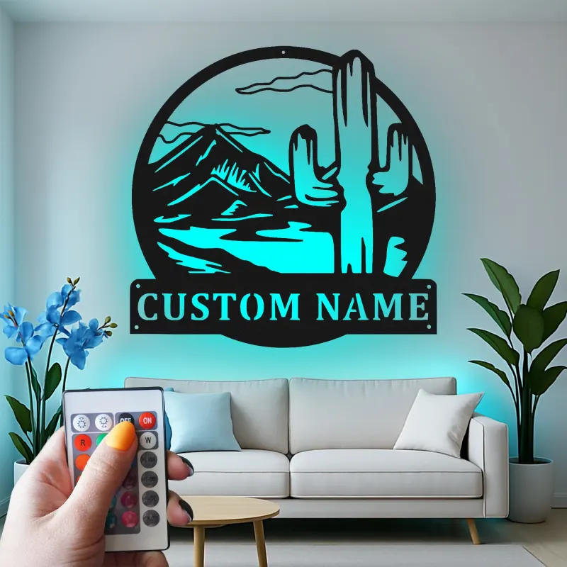 Custom Desert Cactus Led Light Metal Wall Art Personalized Southwest Gift Living Room or Patio Decor
