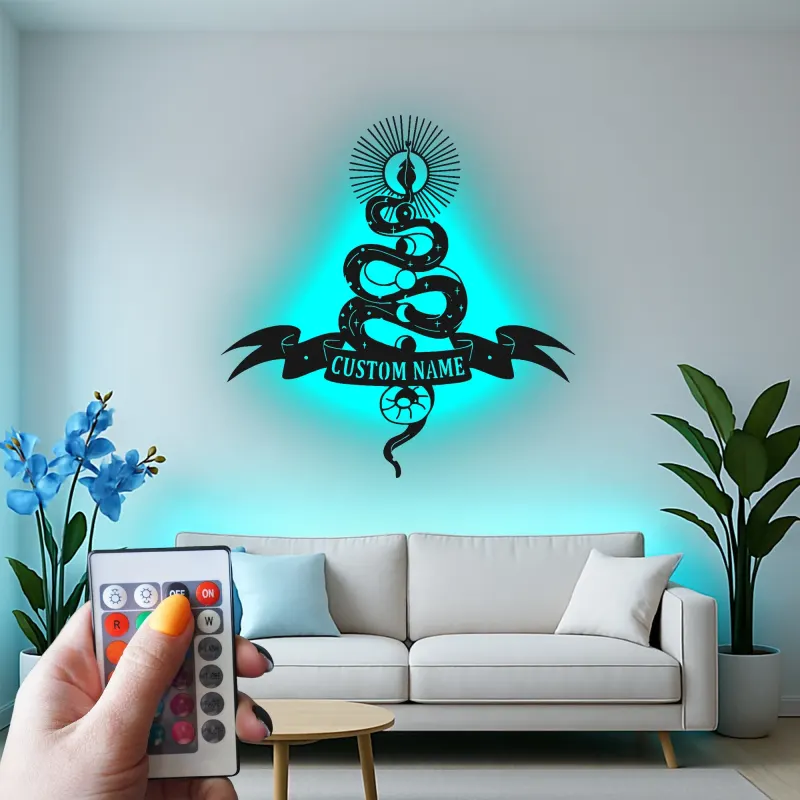 Insegna LED con serpente mistico | Arte in metallo personalizzata | Decorazione celestiale per saloni e studi | Targa gotica personalizzata