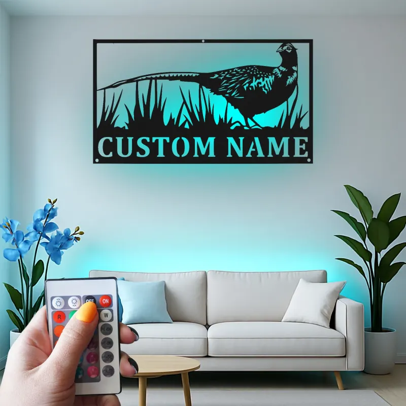 Fasan Metall Wandkunst | Personalisiertes LED-Schild für die Hütte | Individuelles Geschenk für Jäger & Lodge-Dekor