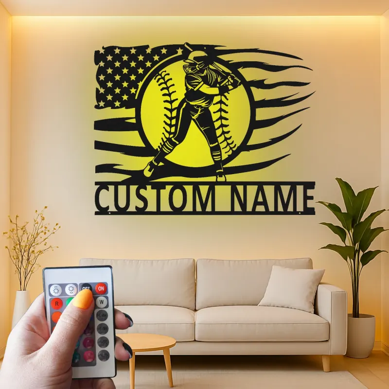Insegna in metallo personalizzata per giocatore di softball con luce LED regalo per atleti decorazione per stanza sportiva 1