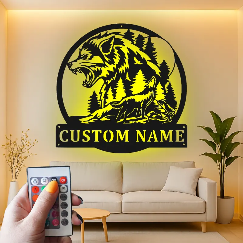 Décoration murale en métal personnalisée avec lumière LED de loup et forêt