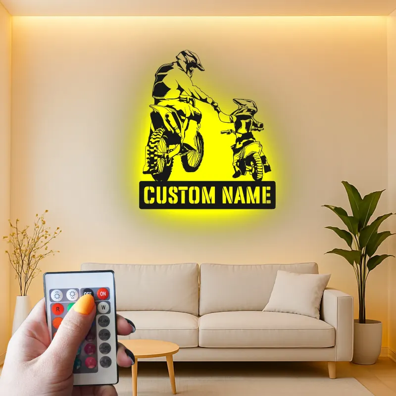 Cartel de Motocicleta Personalizado para Padre e Hijo | Arte de Pared LED para Motocross | Regalo Personalizado para Papá