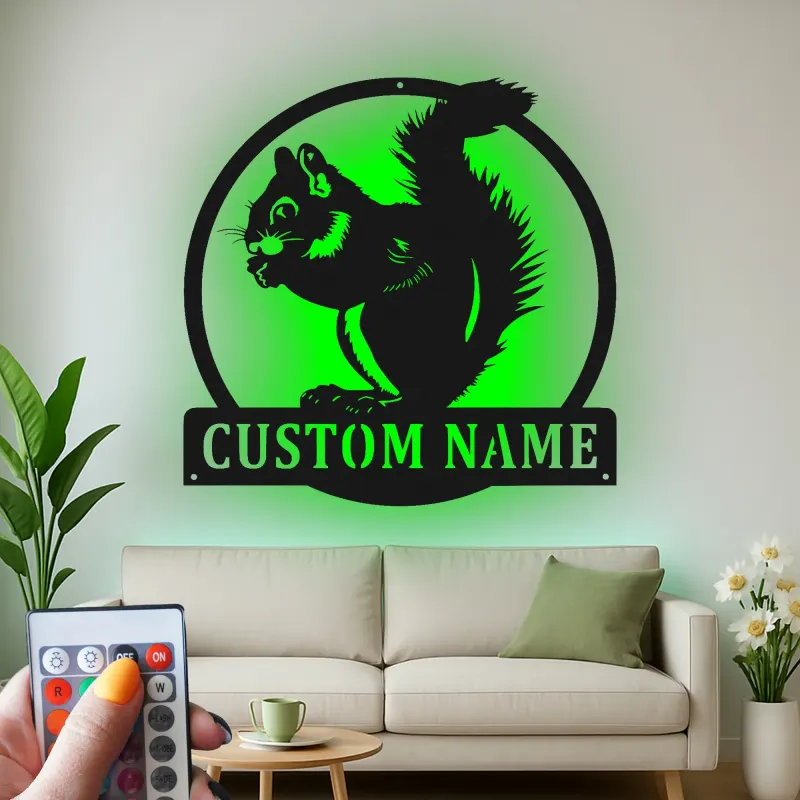 Cartel de metal personalizado de ardilla | Arte de vida silvestre iluminado con LED | Decoración de cabaña personalizada para amantes de la naturaleza
