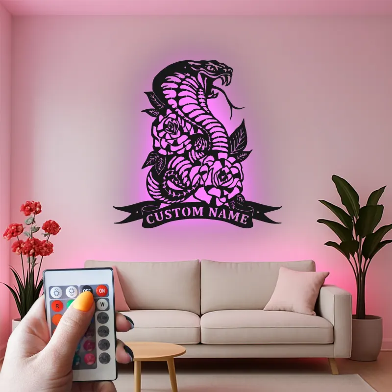 Insegna in metallo personalizzata Cobra e Rose con luce LED Regalo unico per lui Decorazione per Game Room o Man Cave