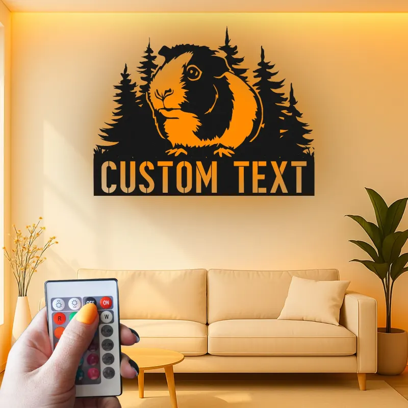 Insegna LED personalizzata con porcellino d’India | Arte murale in metallo personalizzata | Regalo per amanti degli animali per cameretta e nursery | Targa con nome dell’animale