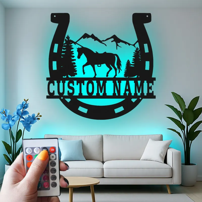 Insegna per Cavalli Personalizzata con LED | Insegna in Metallo a Forma di Ferradura | Decorazione Rustica per Ranch e Regalo Equestre