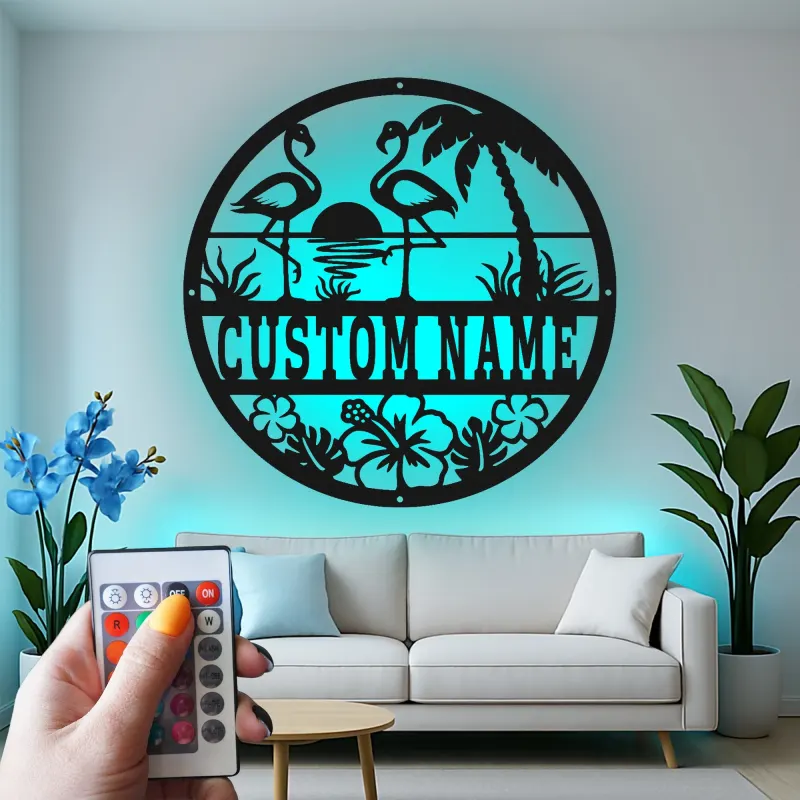 Personalized Flamingo Metal Sign | LED Tropical Wall Art for Patio & Beach House | Custom Name Sunset Decor