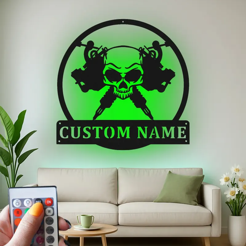 Cartel LED de estudio de tatuajes personalizado | Arte mural de calavera de metal personalizado | Regalo de placa de nombre para artistas de tatuajes