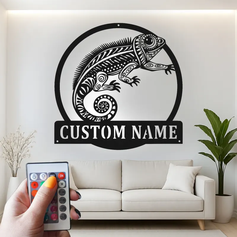 Cartel de metal personalizado con luz LED de camaleón, regalo personalizado para amantes de reptiles, decoración para salón u oficina