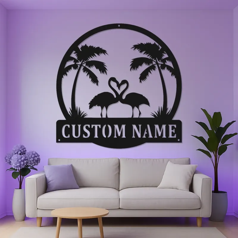 Panneau LED Couple Flamant Rose Personnalisé | Art mural en métal | Décor de maison de plage tropical pour cadeau d'anniversaire