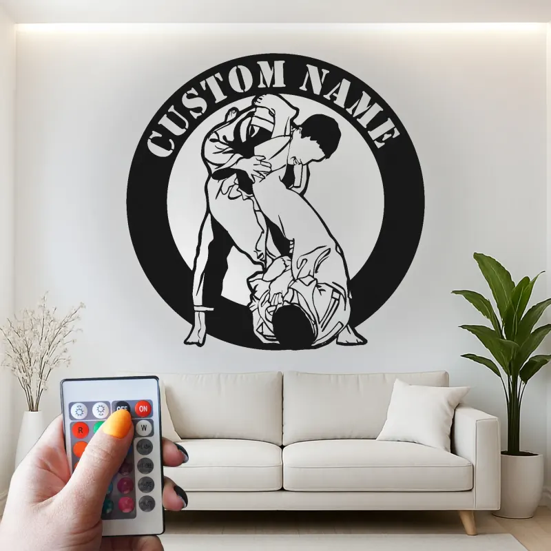 Panneau en métal LED BJJ personnalisé | Art mural de grappling personnalisé | Décor de dojo d'arts martiaux