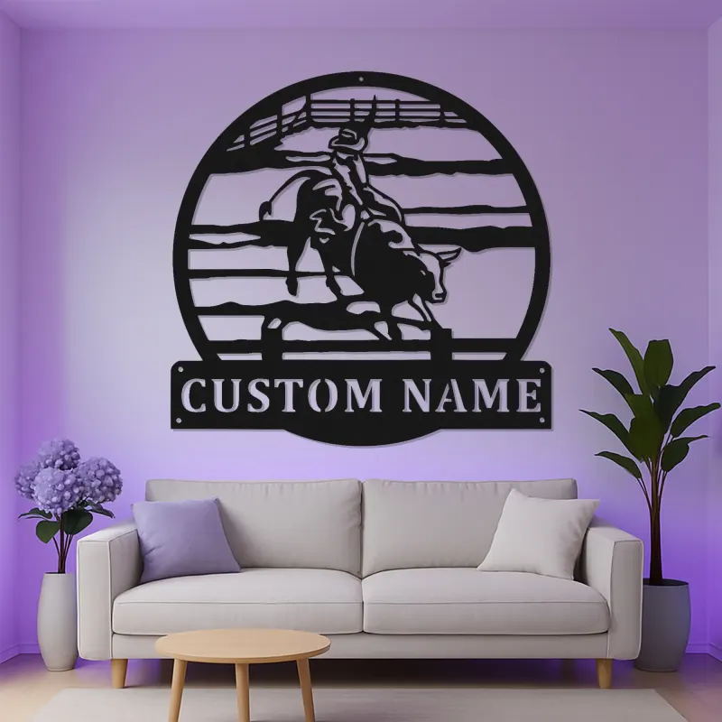 Arte de metal de jinete de toro de rodeo | Cartel LED de vaquero personalizado | Decoración y regalo de rancho western personalizado
