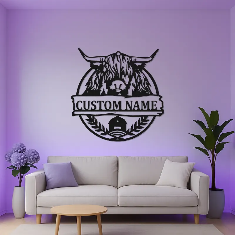 Highland Cow Metal Sign with LED | Personalized Farmhouse Wall Art | Custom Rustic Ranch Decor & Family Name Gift