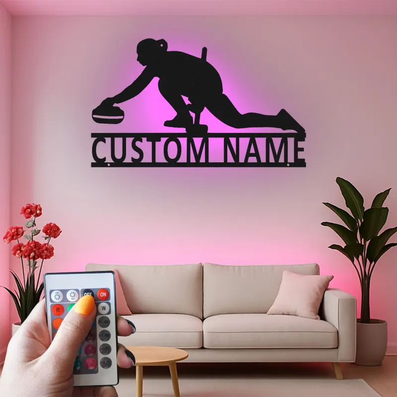 Personalisierte LED-Metall-Wandkunst mit Curling-Spieler – Sportgeschenk für Curling-Fans, Deko fürs Spielzimmer