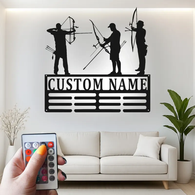 Cartel de metal personalizado con silueta de arquería y luz LED, regalo personalizado para arqueros, decoración para sala de juegos o man cave