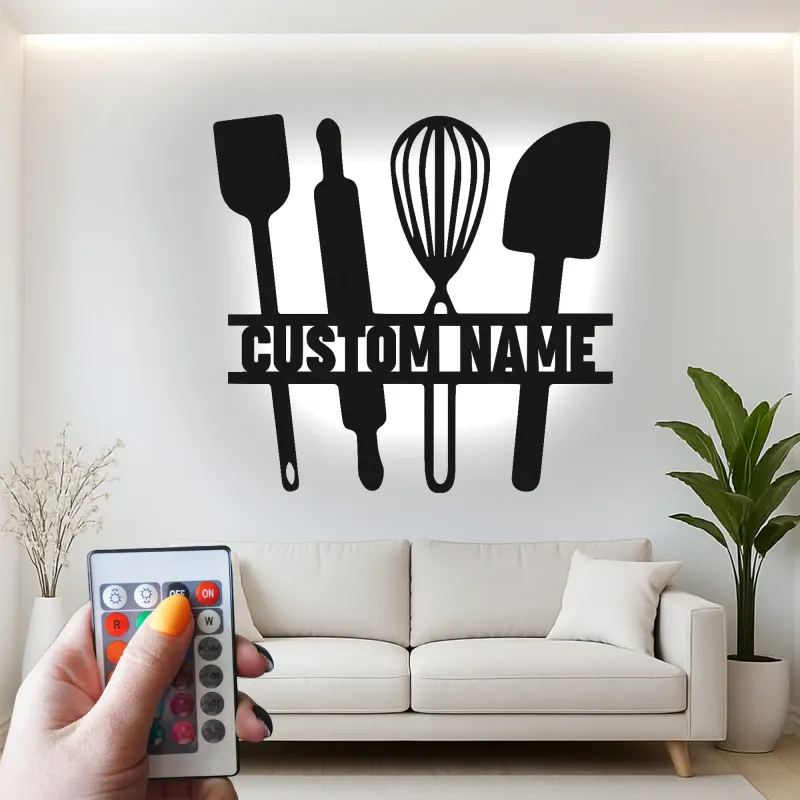 Insegna in metallo personalizzata con luce LED a forma di Utensili da Cucina - Regalo per Chef - Decorazione Moderna per Cucina