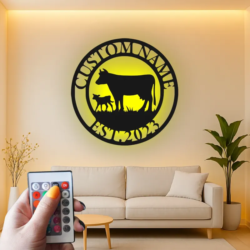 Custom Farm Cow and Calf Led Light Metal Wall Art Personalized Ranch Gift Rustic Farmhouse Decor