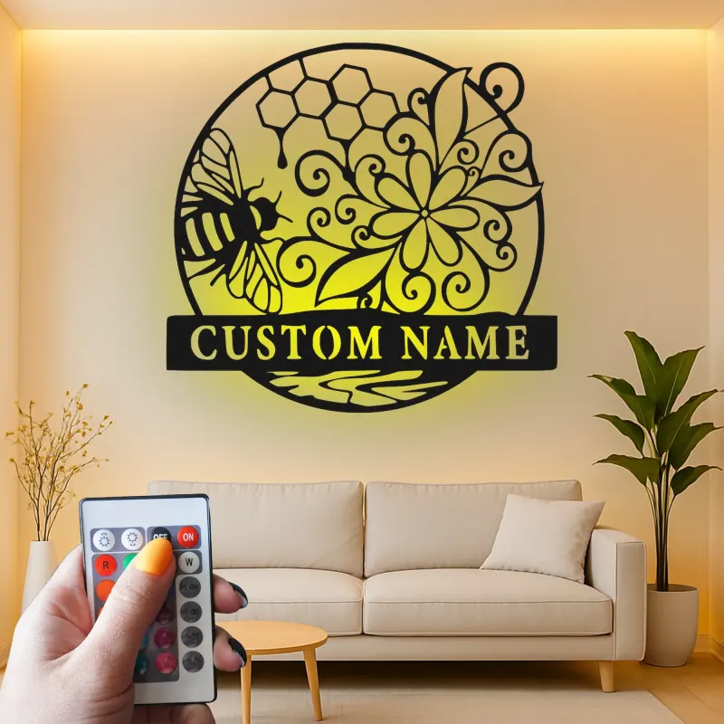 Décoration murale en métal personnalisée Abeille et Rayons de miel avec rétroéclairage pour amoureux de la nature