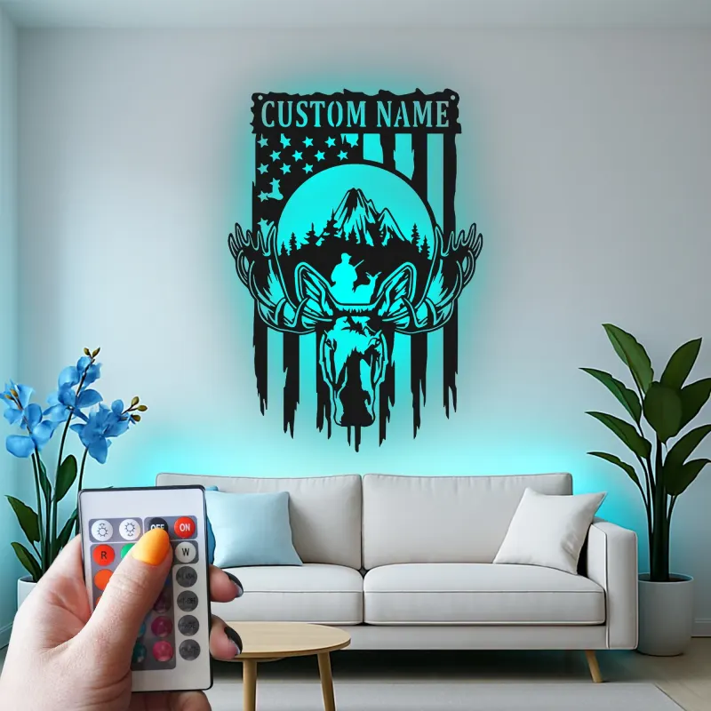 Insegna in metallo personalizzata con alce | Decorazione LED per cabin | Insegna rustica per appassionati di natura