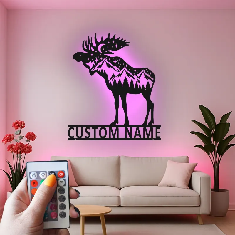 Panneau en métal personnalisé Élan | Décoration murale en métal LED personnalisée | Décor de cabane rustique pour amoureux de la nature