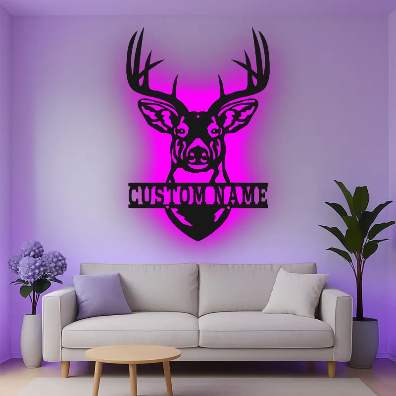 Décoration murale en métal personnalisée avec tête de cerf, rétroéclairage LED, cadeau pour chasseurs, décoration de lodge rustique